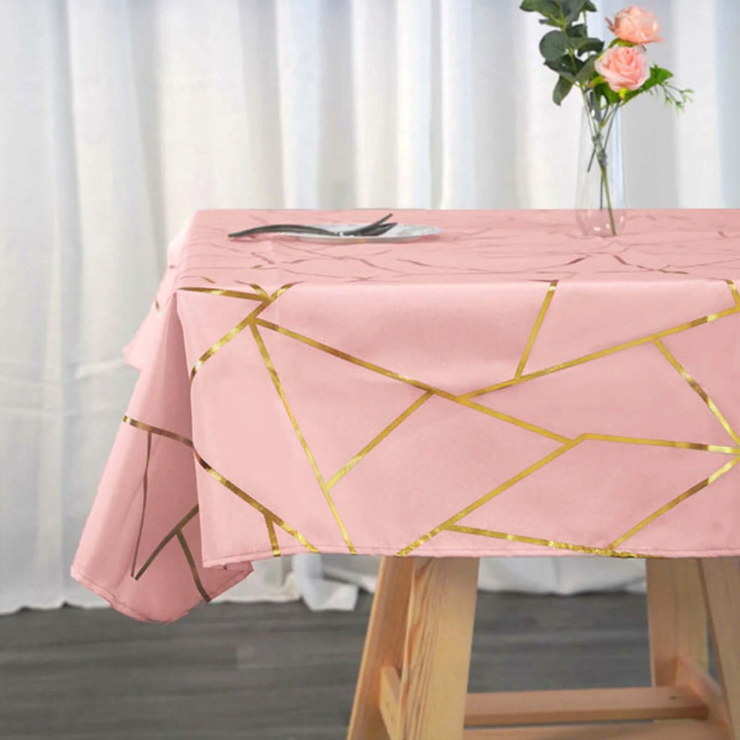 Polyester 54"x54" Square Tablecloth Dusty Rose with Gold Foil Geometric Pattern - Wrinkle-Resistant & Durable Table Cover