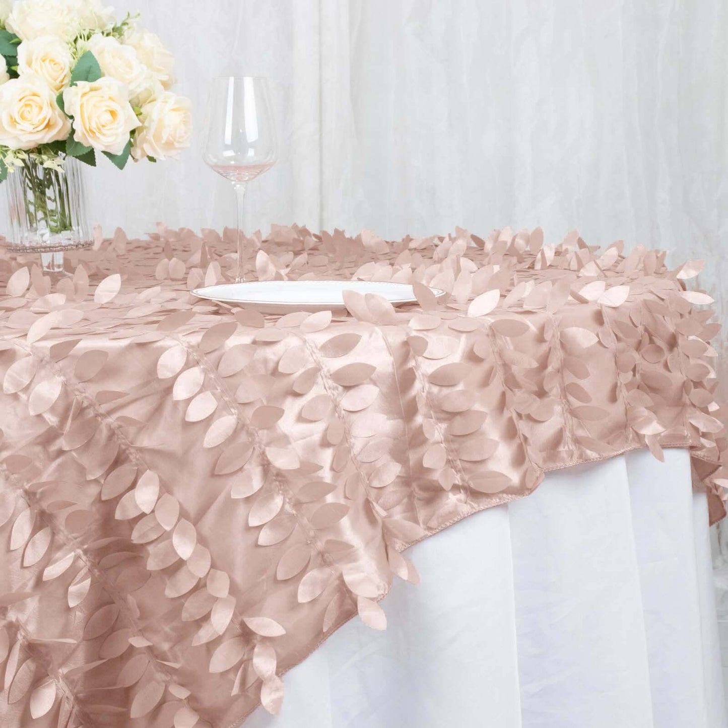 Taffeta 72"x72" Table Overlay Square Tablecloth Dusty Rose - 3D Leaf Petal Table Cover