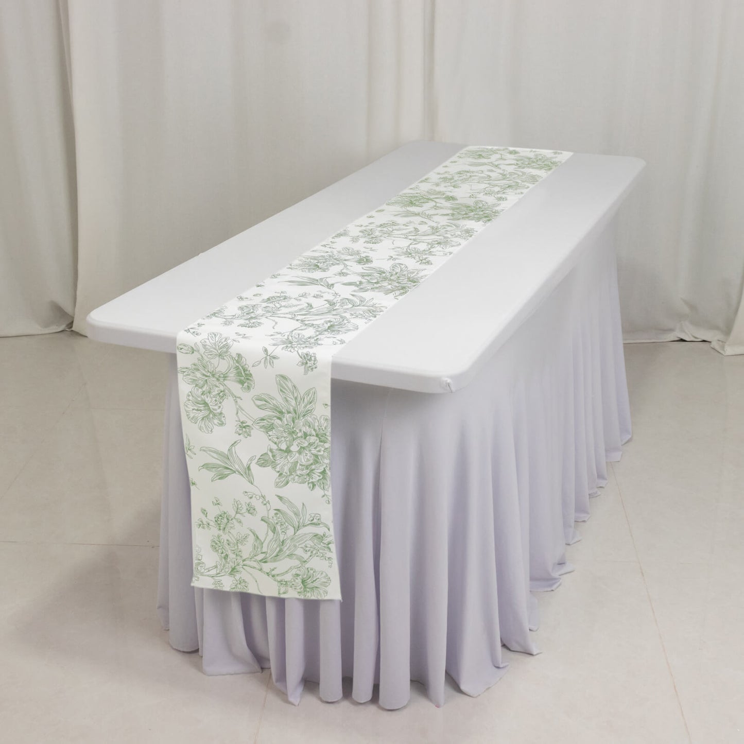 Polyester Table Runner 12"x108" White with Dusty Sage Green French Toile Floral Print Reusable Table DÃ©cor