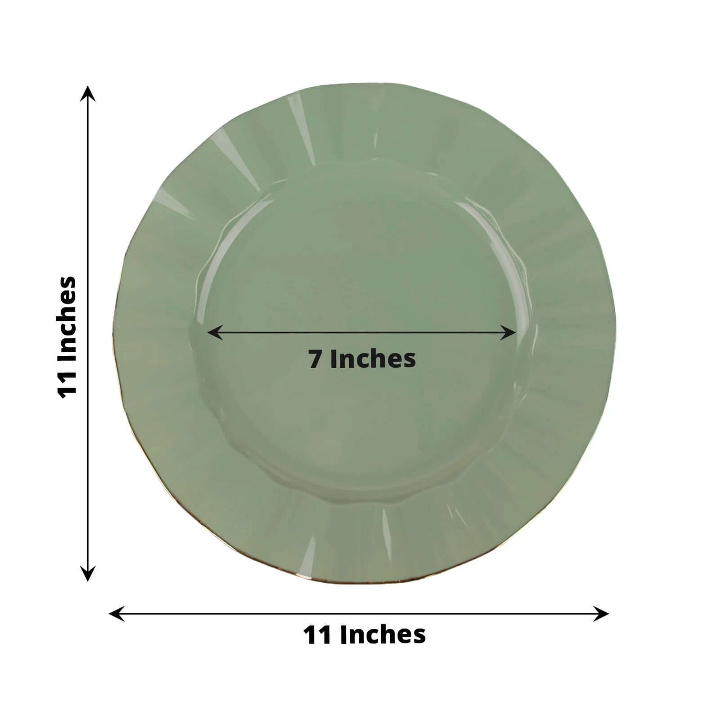 10-Pack Plastic 11" Round Dinner Plates in Dusty Sage Green Ruffled Rim with Gold Edging - Sturdy Disposable Dinnerware