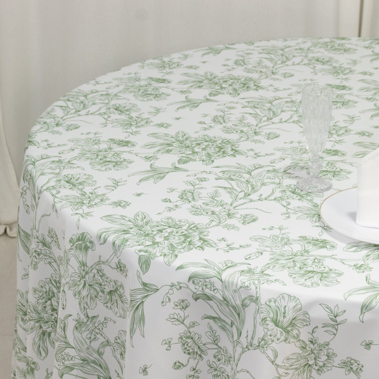 Polyester 108" Round Tablecloth White - Dusty Sage Green French Toile Pattern for Chic Weddings