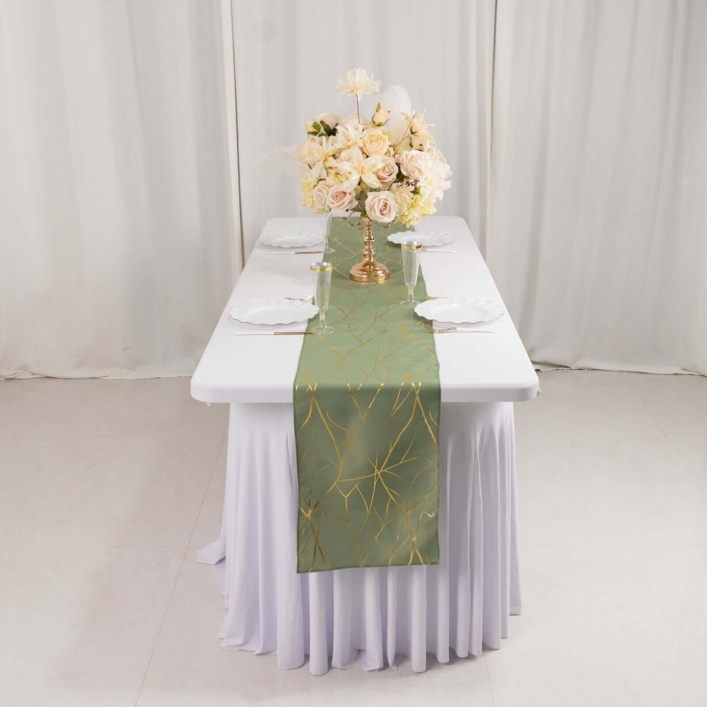 Polyester 9ft Table Runner Dusty Sage Green with Gold Foil Tree Branch Pattern - Stylish Table Linen