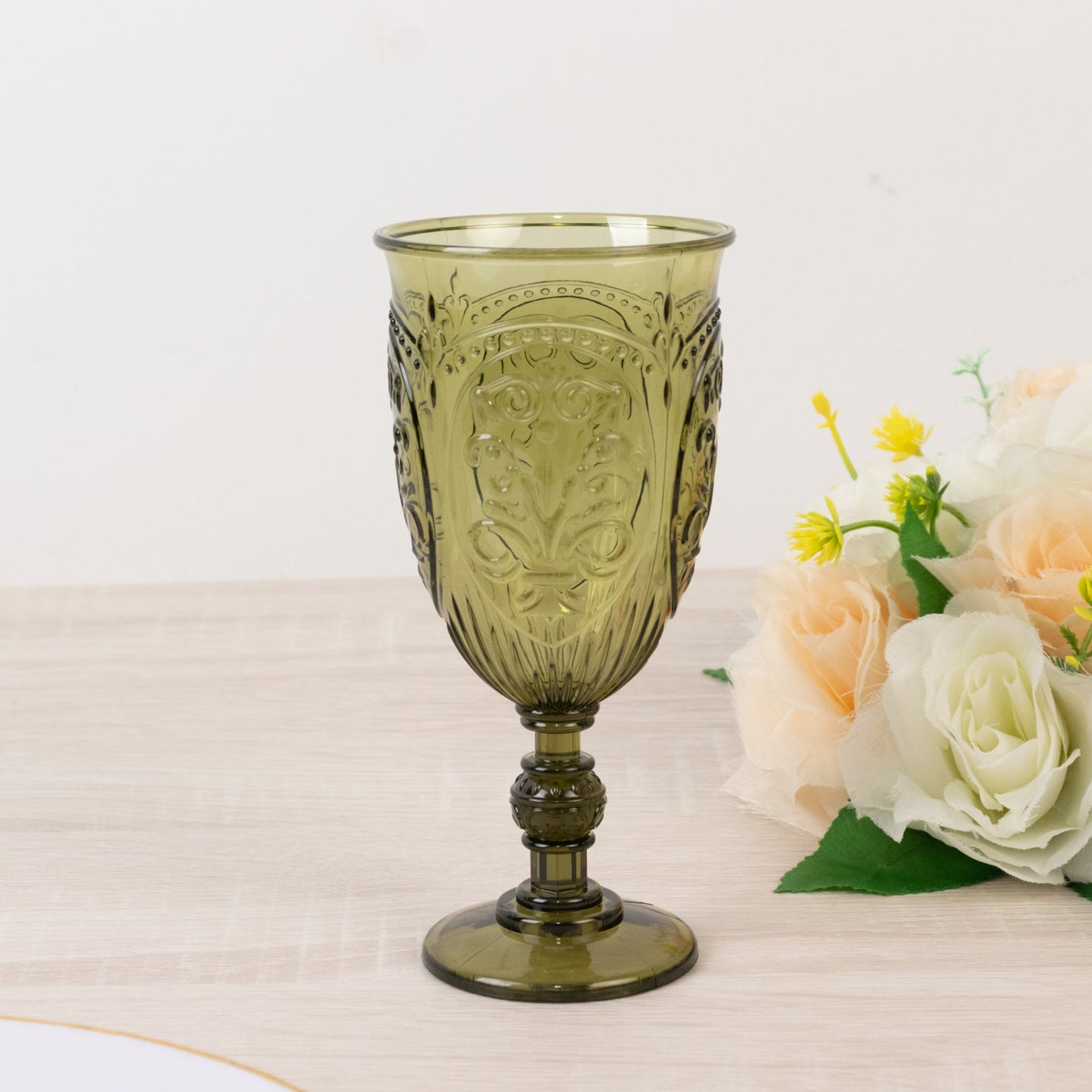 24-Pack Plastic Wine Glasses 10oz â€“ Transparent Dusty Sage Green Vintage Goblets with Retro Embossed Design, Elegant Drinkware - 7" Tall