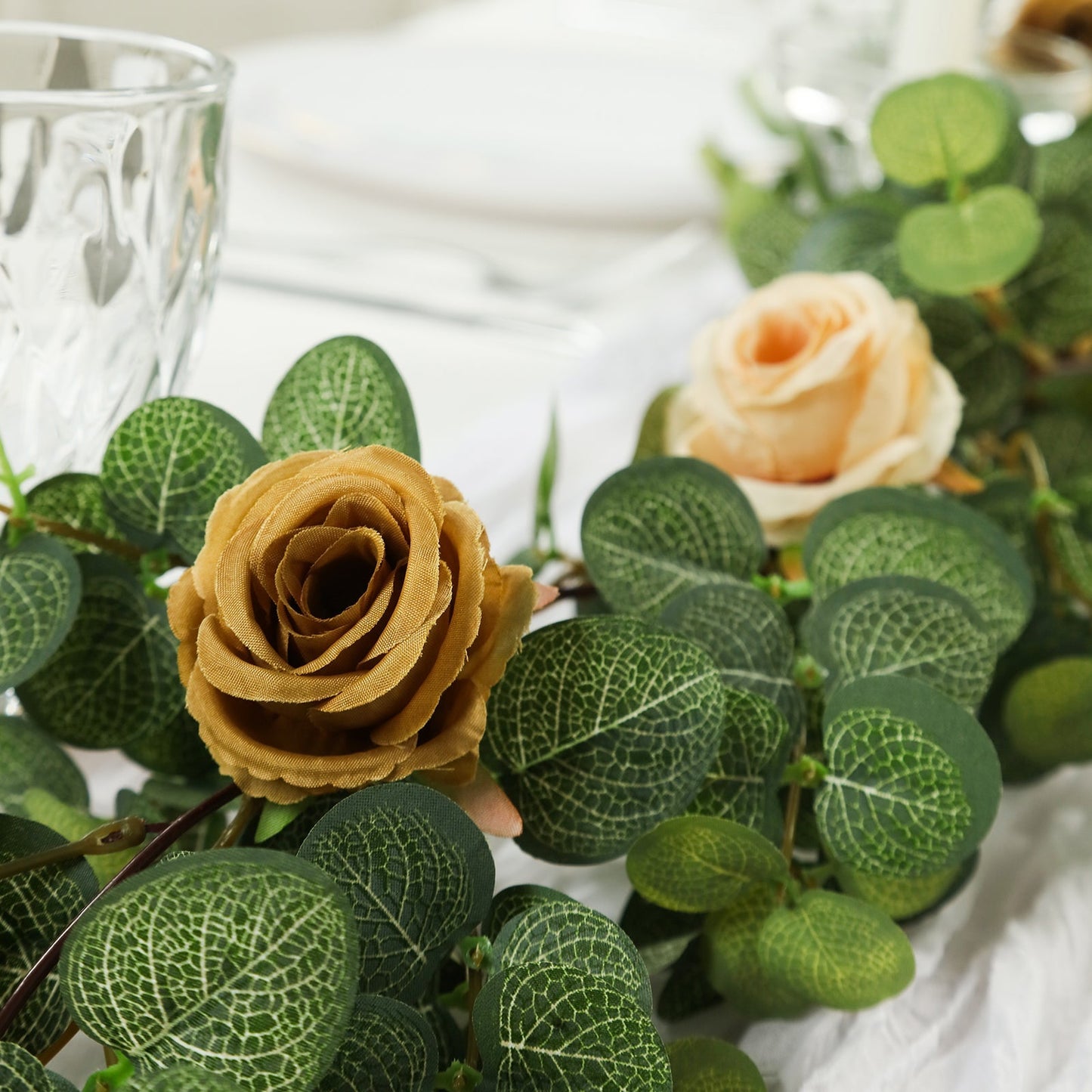 6ft Artificial Eucalyptus Garland with Cream/Gold Silk Roses â€“ Faux Greenery Vine