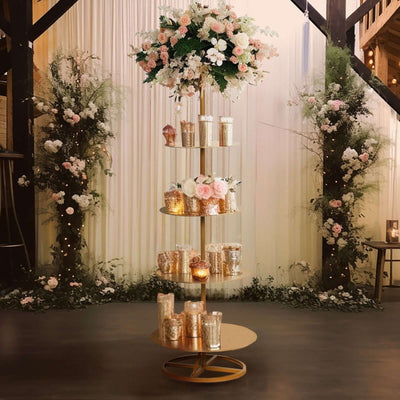 5 Tier Champagne Tower Stand Gold Metal Round Dessert Display Cupcake Holder - Sturdy Event Centerpiece 4.5ft Tall