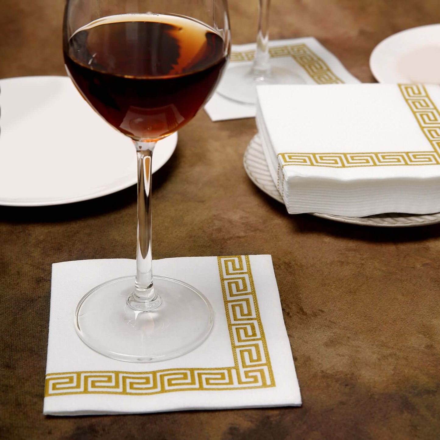 25 Pack Linen-Like Paper 5"x5" Napkins White with Gold Greek Key Design - Hygienic Disposable Airlaid Party Napkins