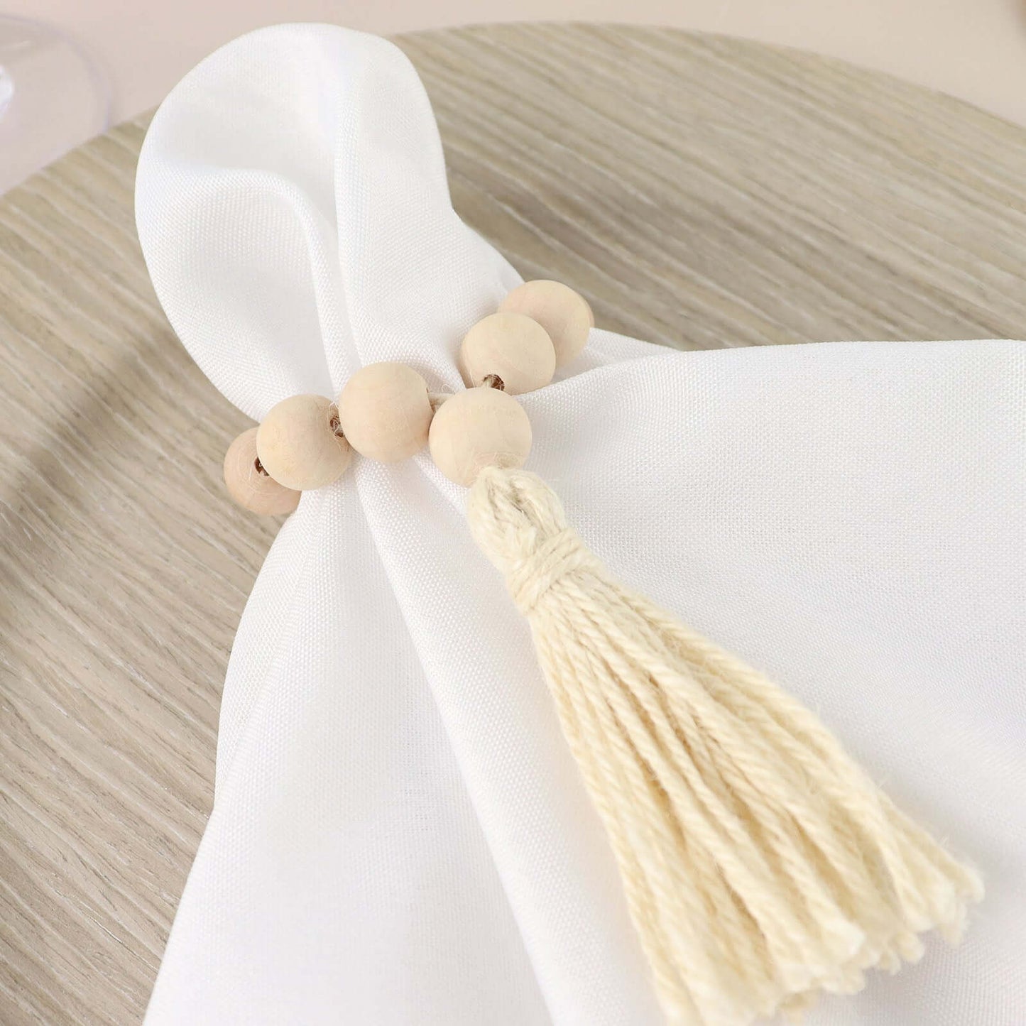 4 Pack 6" Cream Rustic Boho Chic Wood Bead Napkin Rings With Tassels, Farmhouse Country Napkin Holders
