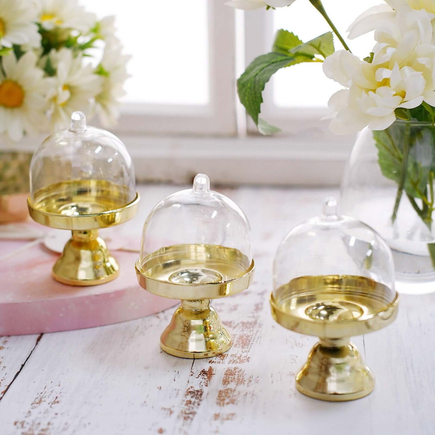 12-Pack Fillable Mini Pedestal Candy Container Clear/Gold - Decorative Candy Treat Favor Boxes with Dome Lid 4"