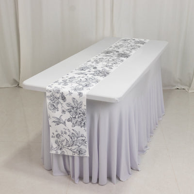 Polyester Table Runner 12"x108" White with Black French Toile Floral Print Reusable Table DÃ©cor