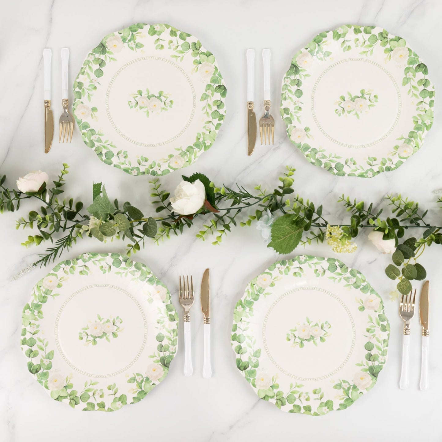 25-Pack Paper 8" Round Dessert Plates in White with Floral Greenery & Scalloped Edges - Disposable Appetizer Salad Plates for Rustic Weddings & Garden Brunches