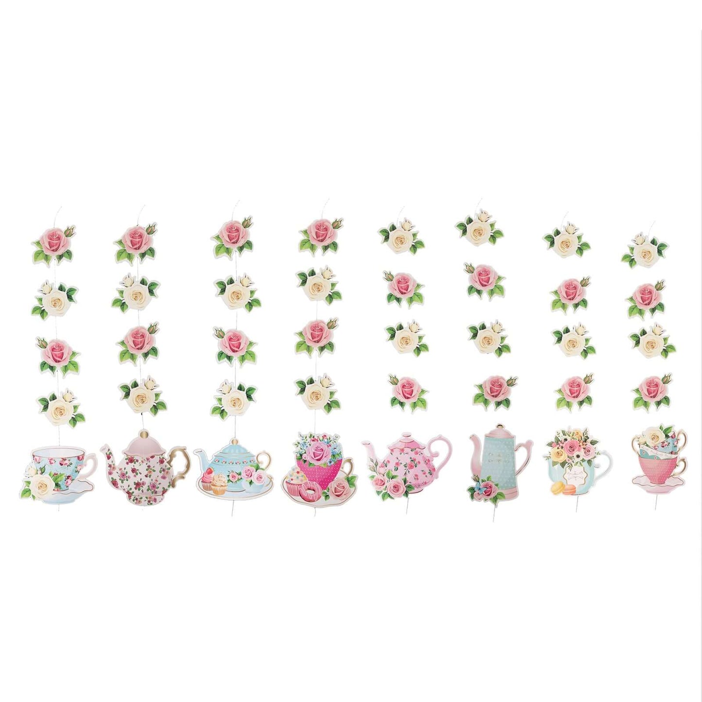 8 Pack Double Sided Floral Tea Party Paper Garland, 40" Pre-Assembled Mixed Teapot Banner Hanging Decorations