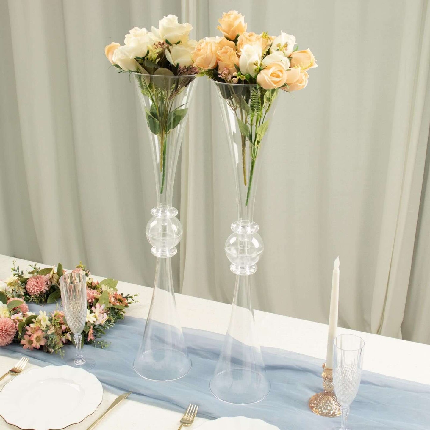 2-Pack Flower Vases Trumpet Design with Crystal Embellishments Clear - Reversible Plastic Centerpieces for Events 27"