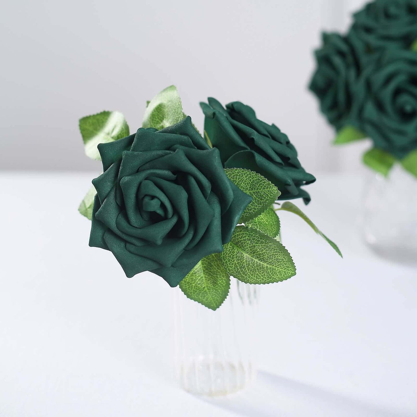 24 Roses 5" Hunter Emerald Green Artificial Foam Flowers With Stem Wire and Leaves