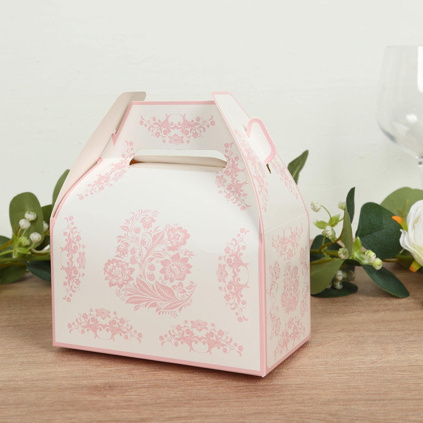 25 Pack White Pink Candy Gift Tote Gable Boxes in Damask Floral Pattern, Party Favor Treat Boxes - 6"x3.5"x7"