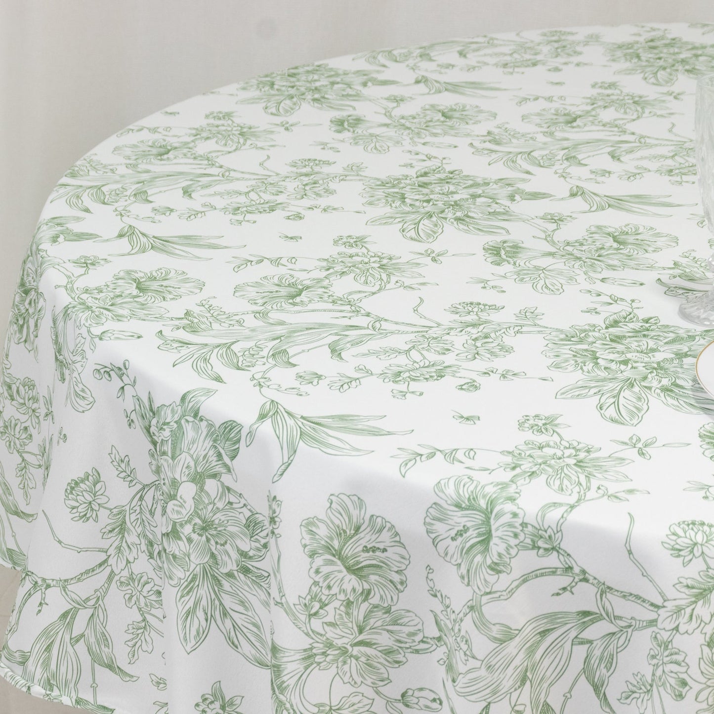 Polyester 90" Round Tablecloth White - Dusty Sage Green French Toile Pattern for Chic Weddings