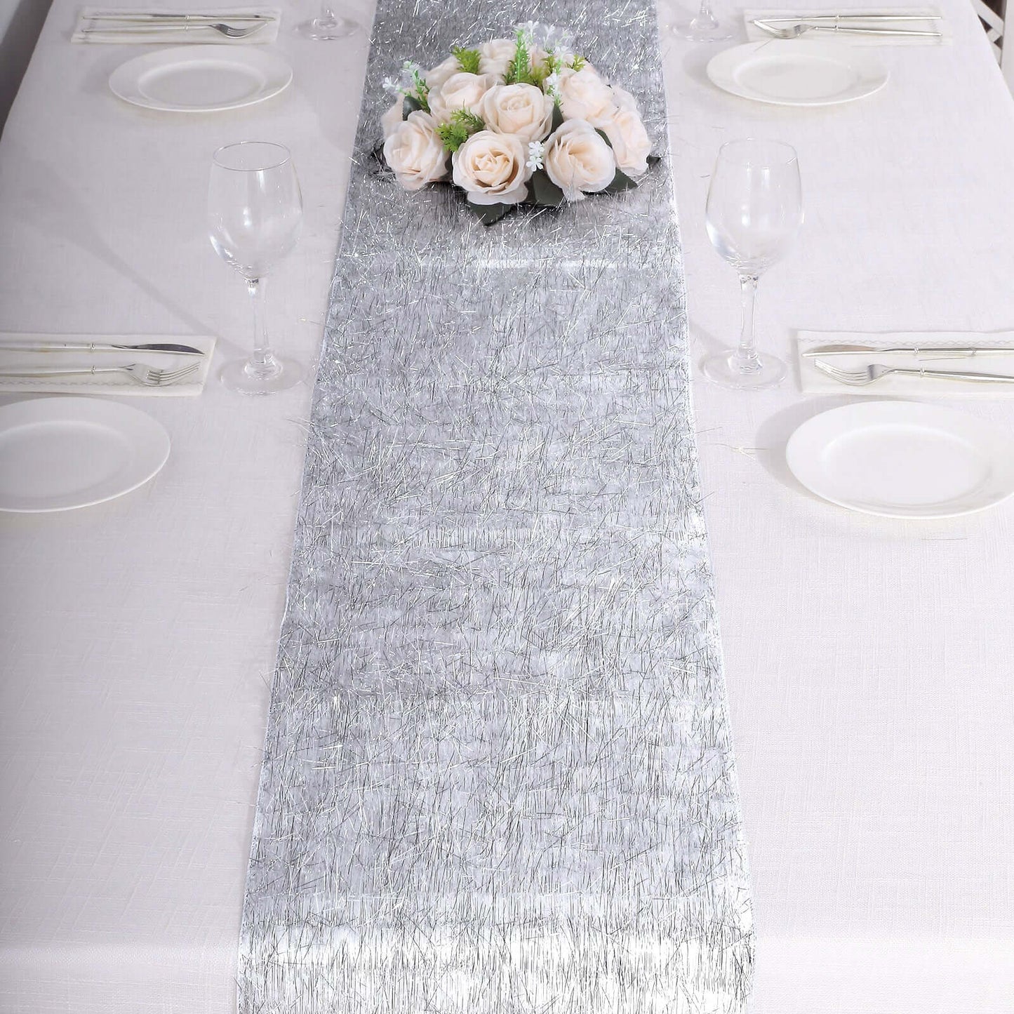 Metallic Tinsel Polyester 12"x108" Table Runner Silver - Shimmery Fringe Shag Table Decor