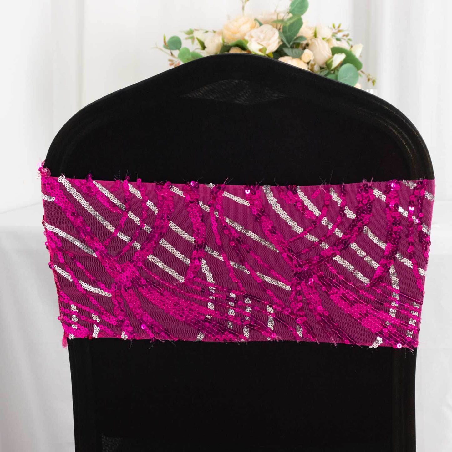 5 Pack Chair Sash Bands with Wave Embroidered Sequins Fuchsia/Silver