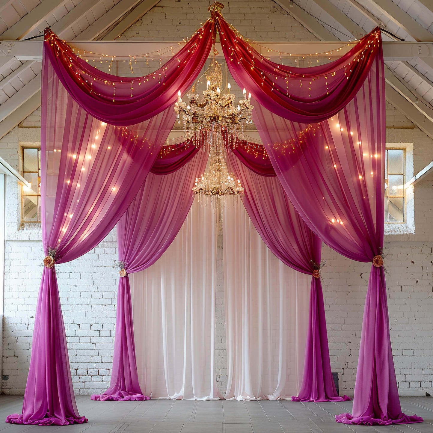 5ftx32ft Fuchsia Chiffon Curtain Panel, Durable Flame Resistant Backdrop Ceiling Drapery With Rod Pocket