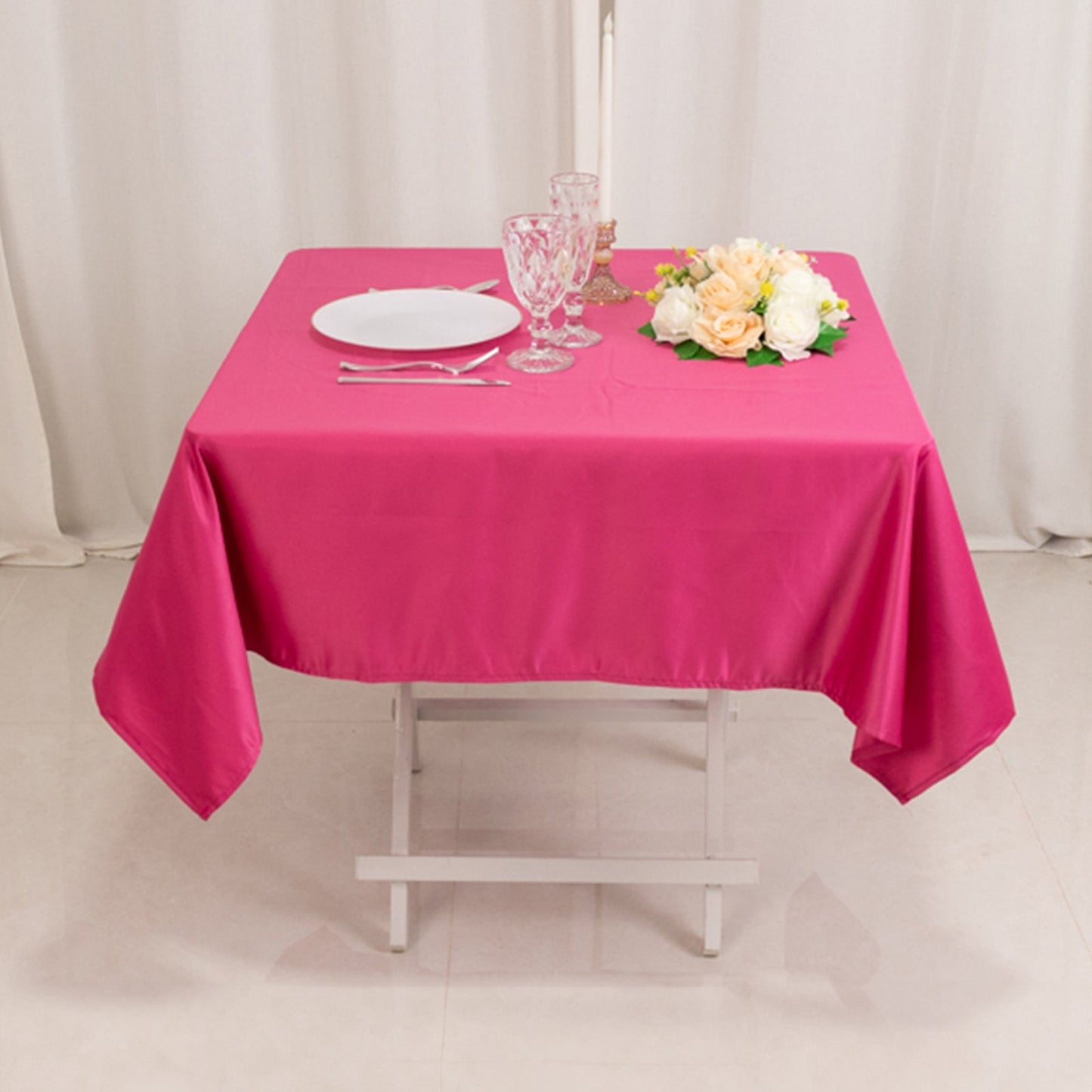 Lamour Satin 54"x54" Square Tablecloth Fuchsia - Durable & Silk-Like Table Cover