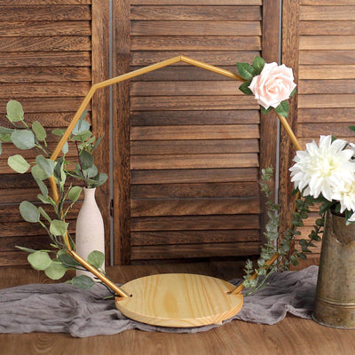 Metal Nonagon Floral Hoop Cake Stand Gold - Chic Geometric Dessert Display DIY Centerpiece Table Decoration With Wooden Base 22"