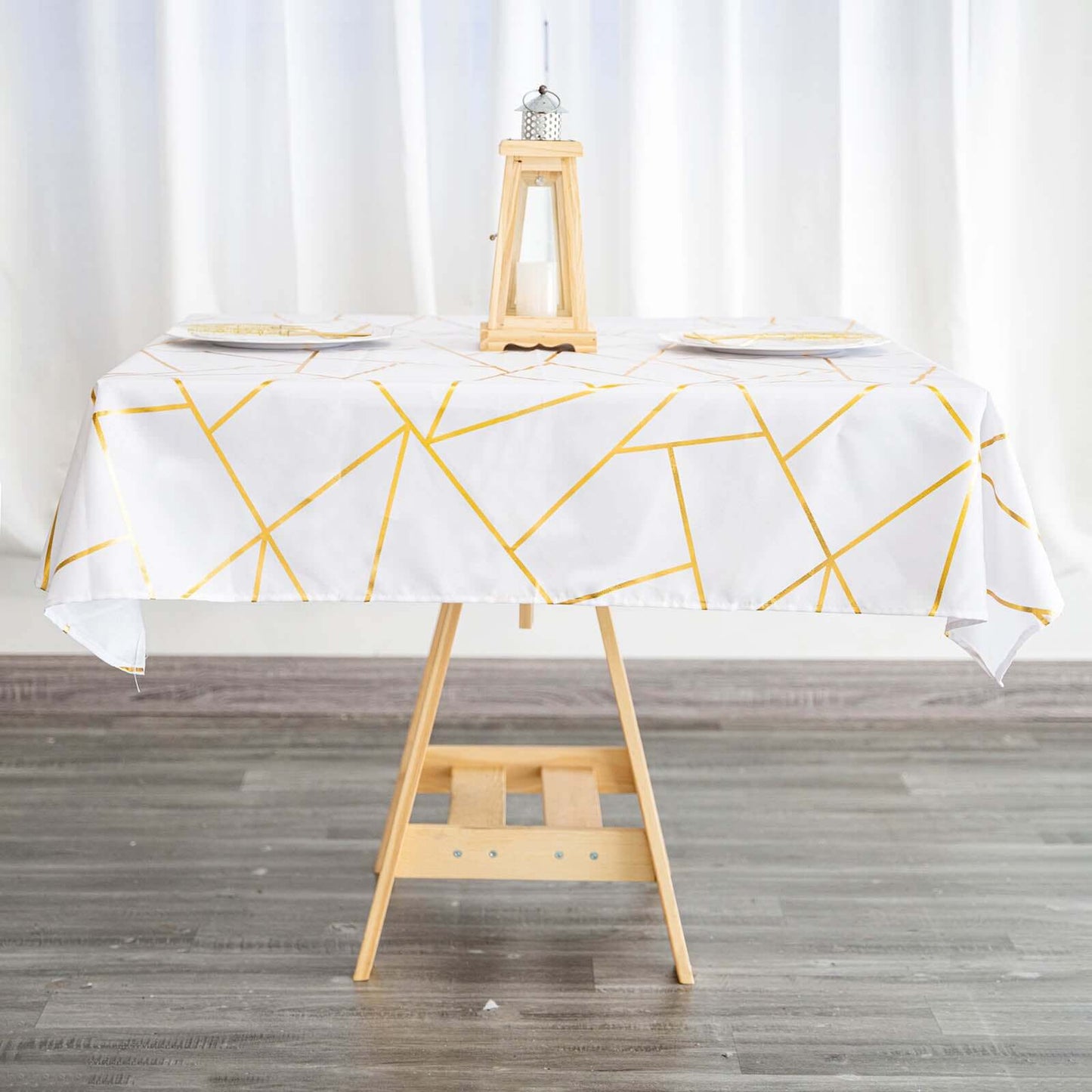 Polyester 54"x54" Square Tablecloth White with Gold Foil Geometric Pattern - Wrinkle-Resistant & Durable for Stylish Settings