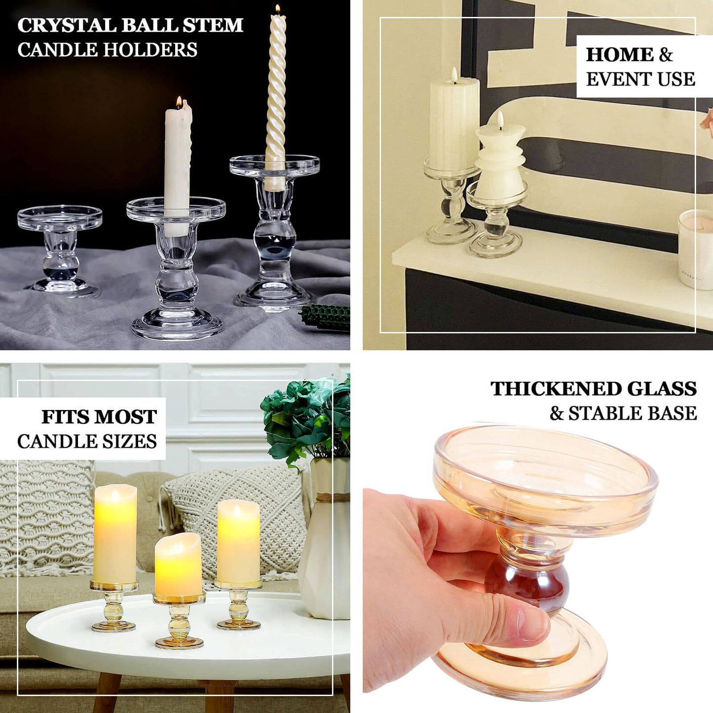 Set of 3 Glass Pillar Candle Holders Clear with Round Tray - Crystal Ball Stem Taper Candlestick Tea Light Stands 3.5", 4.5", 5.5"