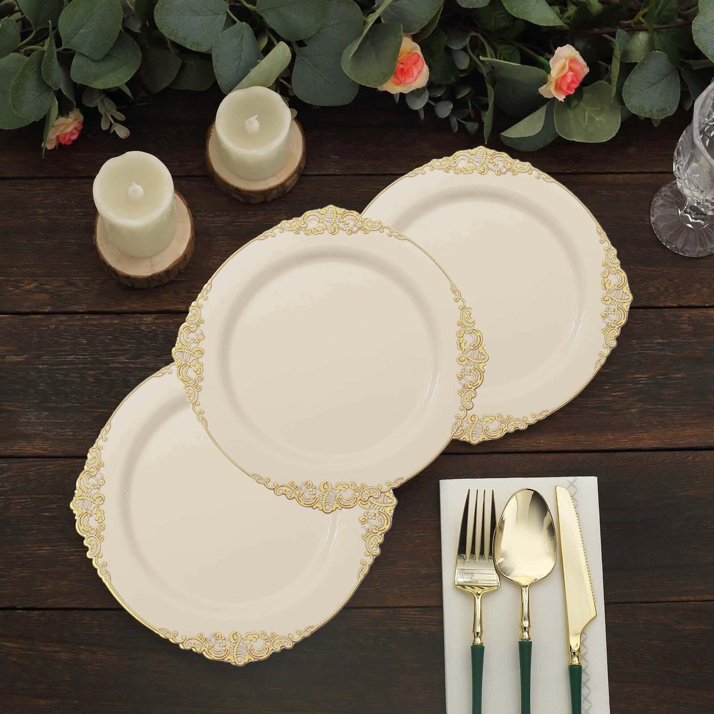 10-Pack Plastic 8" Round Dessert Plates in Ivory with Gold Leaf Embossed Rim - Disposable Vintage Baroque Style Salad Plates