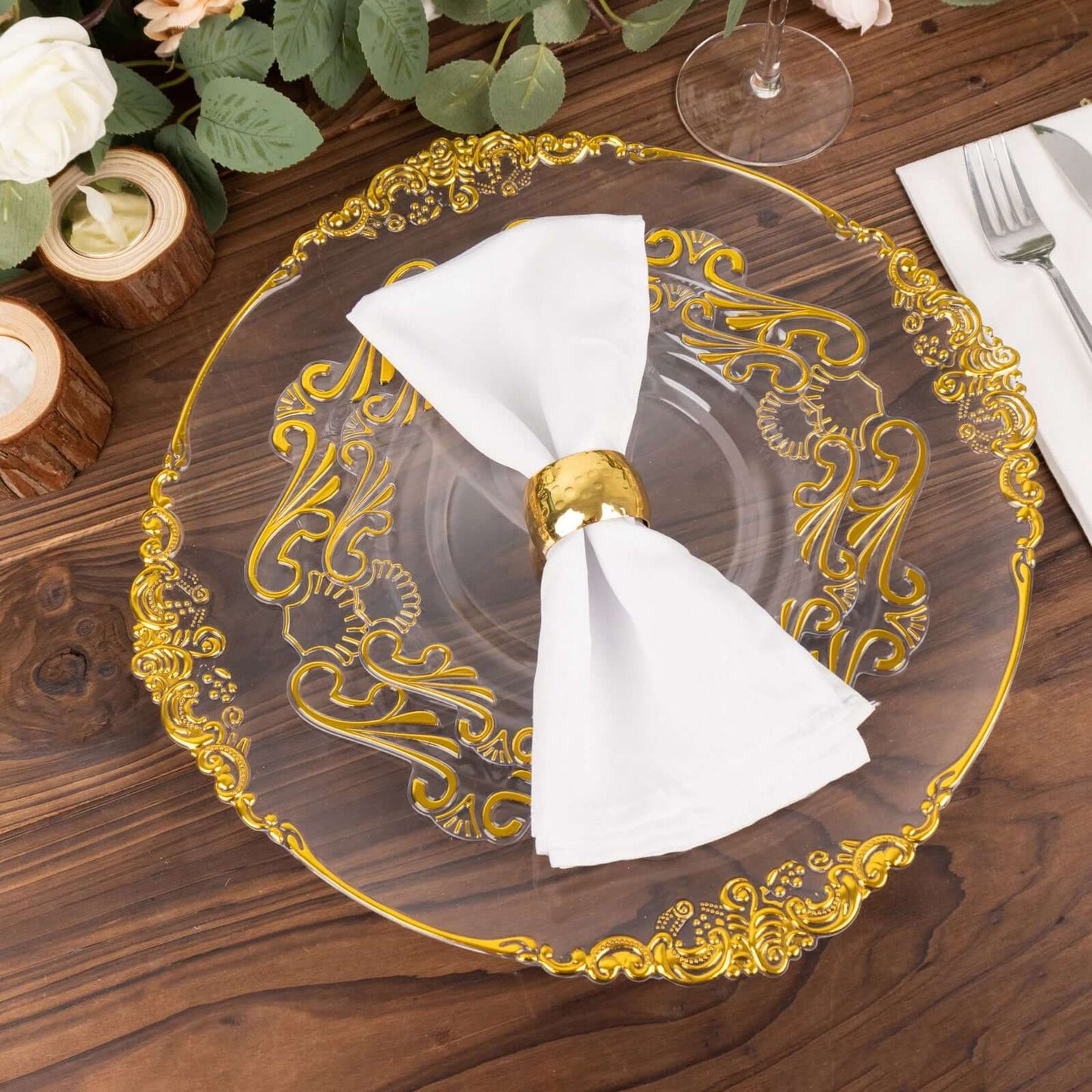 10-Pack Plastic 8" Round Dessert Plates in Clear with Gold Vintage Baroque Scalloped Rim - European Style Disposable Salad Appetizer Plates