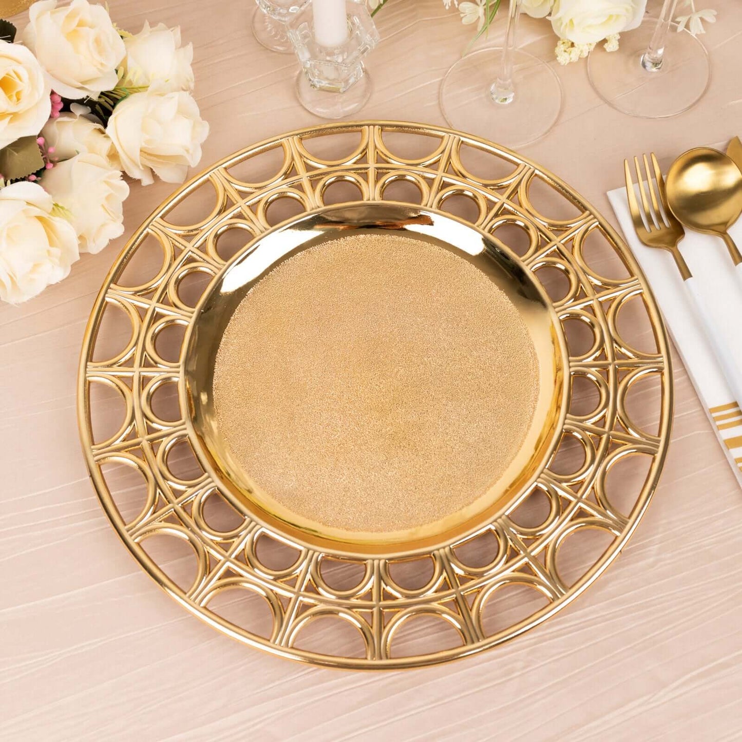 6-Pack Acrylic Round Charger Plates 13" in Metallic Gold with Hollow Semi Circle Rim, Plastic Decorative Charger Tableware
