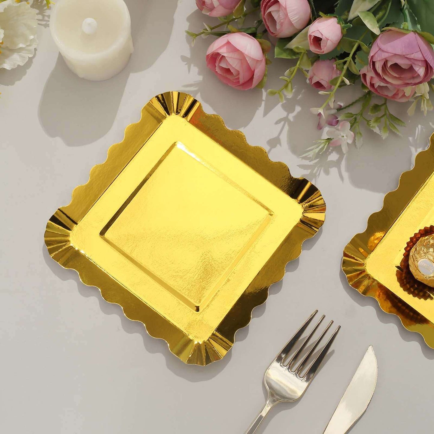 50-Pack Paper 5" Square Dessert Plates in Gold Foil with Scalloped Rim - Disposable Appetizer Plates for for Glam Gatherings & Special Occasions