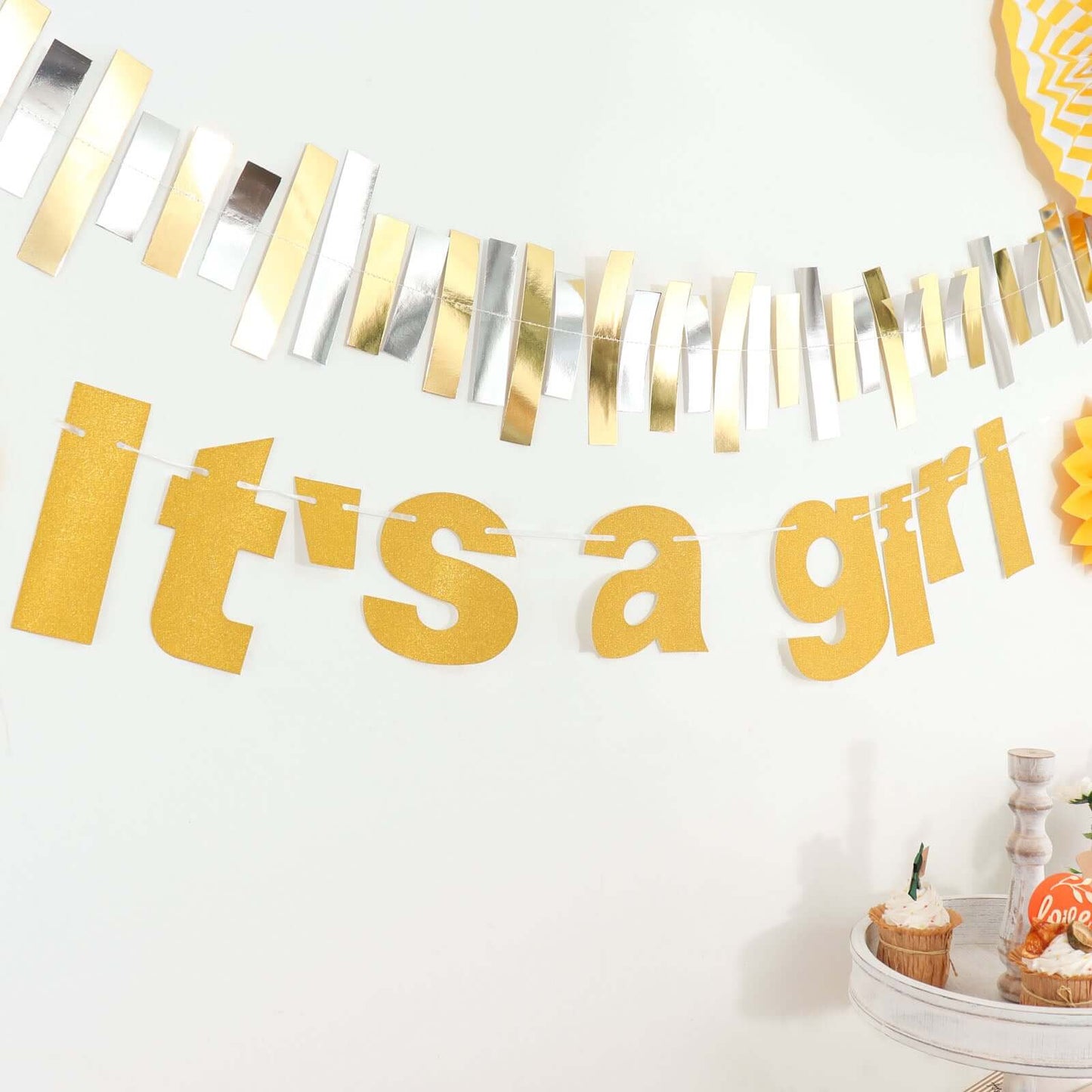 3ft Gold Glittered It's a Girl Paper Hanging Gender Reveal Garland Banner, Baby Shower Banner