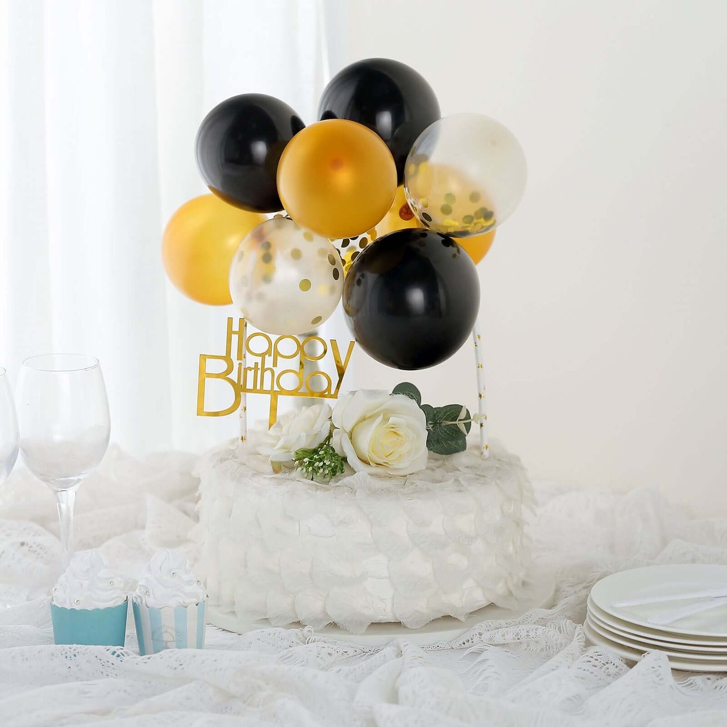11 Pcs Balloon Cake Topper Black, Clear and Gold - Whimsical Clustered Mini Garland Cake Inserts DIY Party Decorations