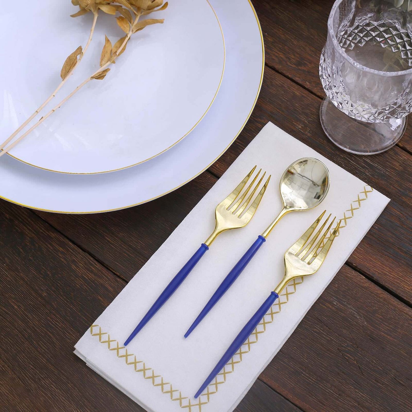 24-Pack Plastic Fork and Spoon Set Gold/Royal Blue 6"