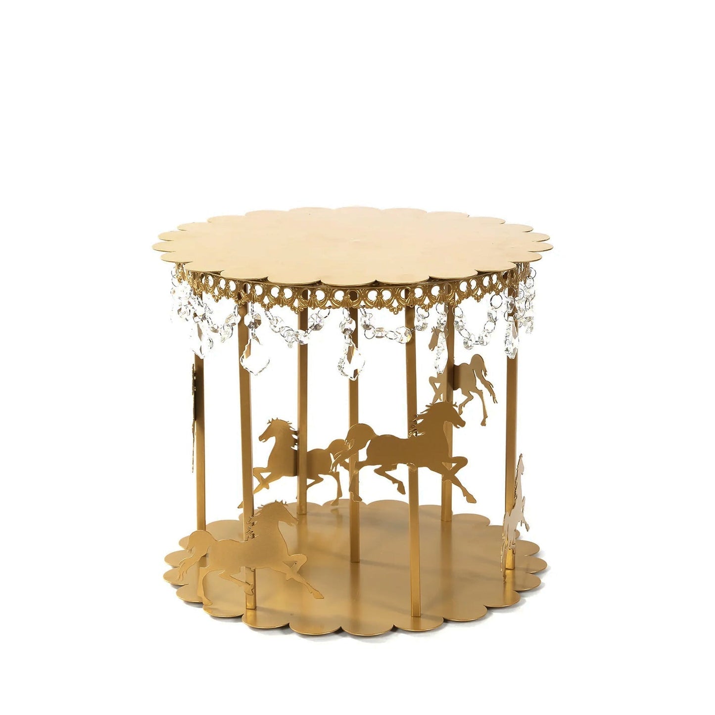 Metal Round Pedestal Cake Stand Gold Carousel Design with Hanging Acrylic Beads for Cupcakes & Pastries 14"