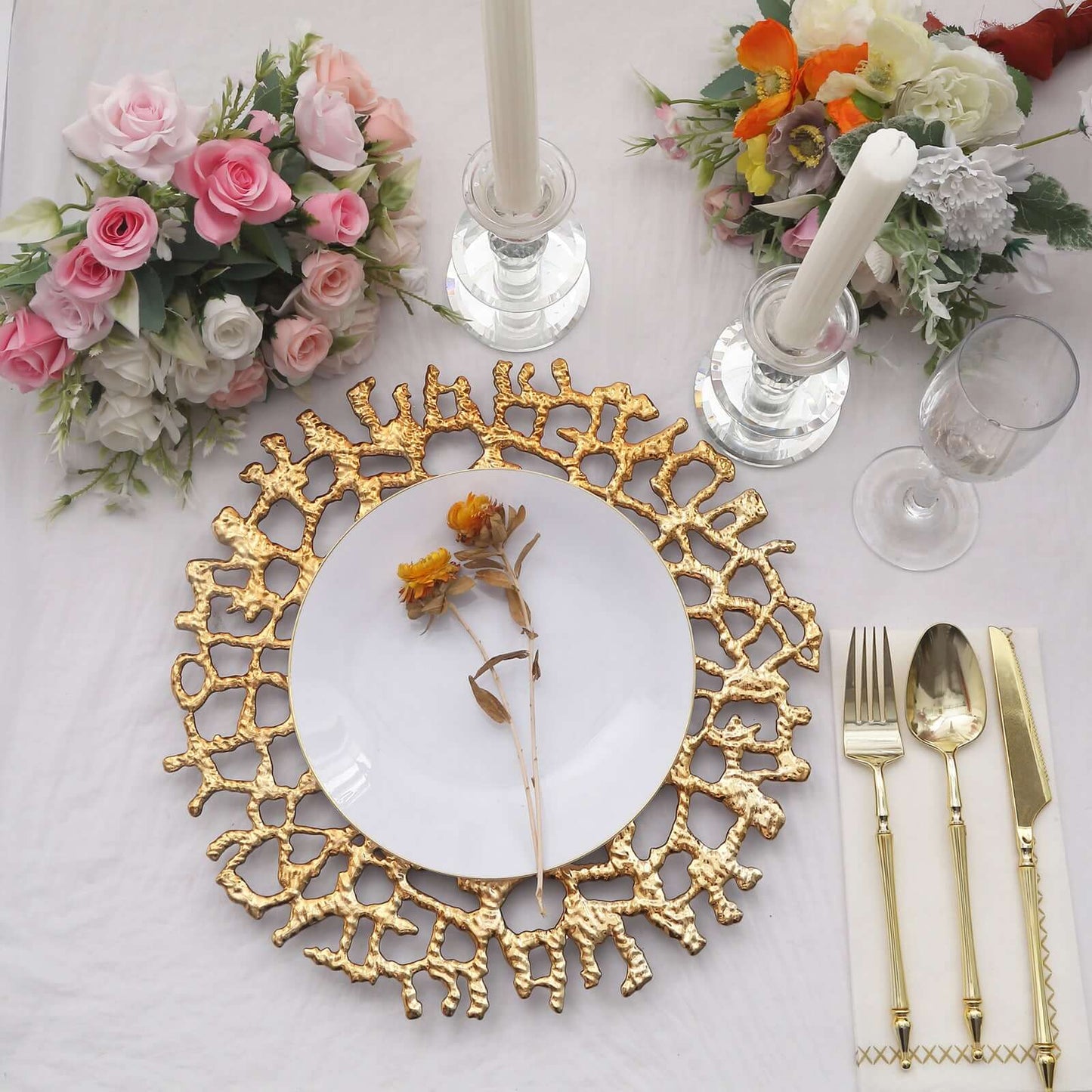 6-Pack Acrylic Round Charger Plates 13" in Gold with Molten Branch Design, Plastic Hollow Lace Decorative Dinner Party Charger Tableware