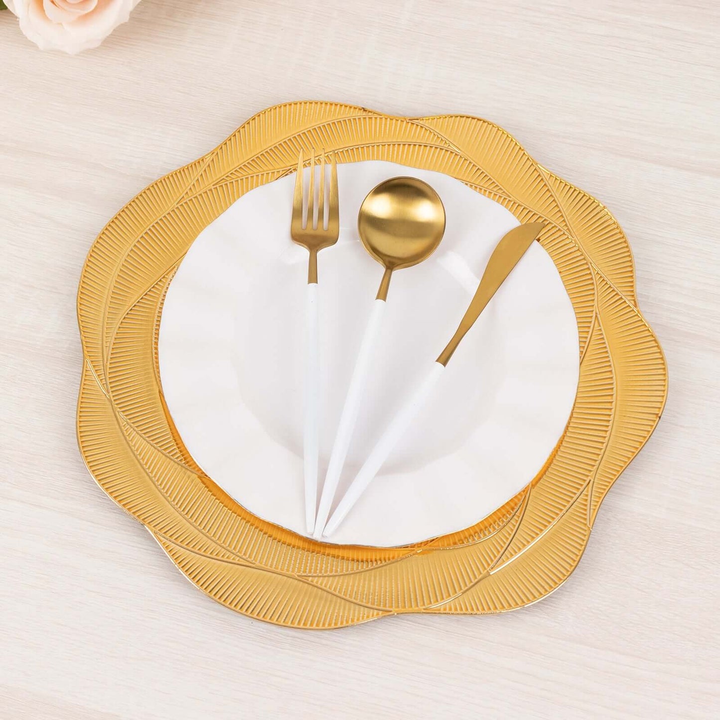 6-Pack Acrylic Round Charger Plates 13" in Metallic Gold with Ribbed Rose Pattern, Event Tabletop Decorative Charger Tableware