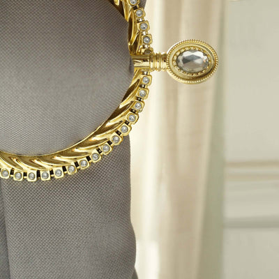Set of 2 6" Gold Acrylic Braided Barrette Style Curtain Tie Backs With Crystal Diamond Studded Edge, Round Backdrop Drapery Brooch Holdbacks
