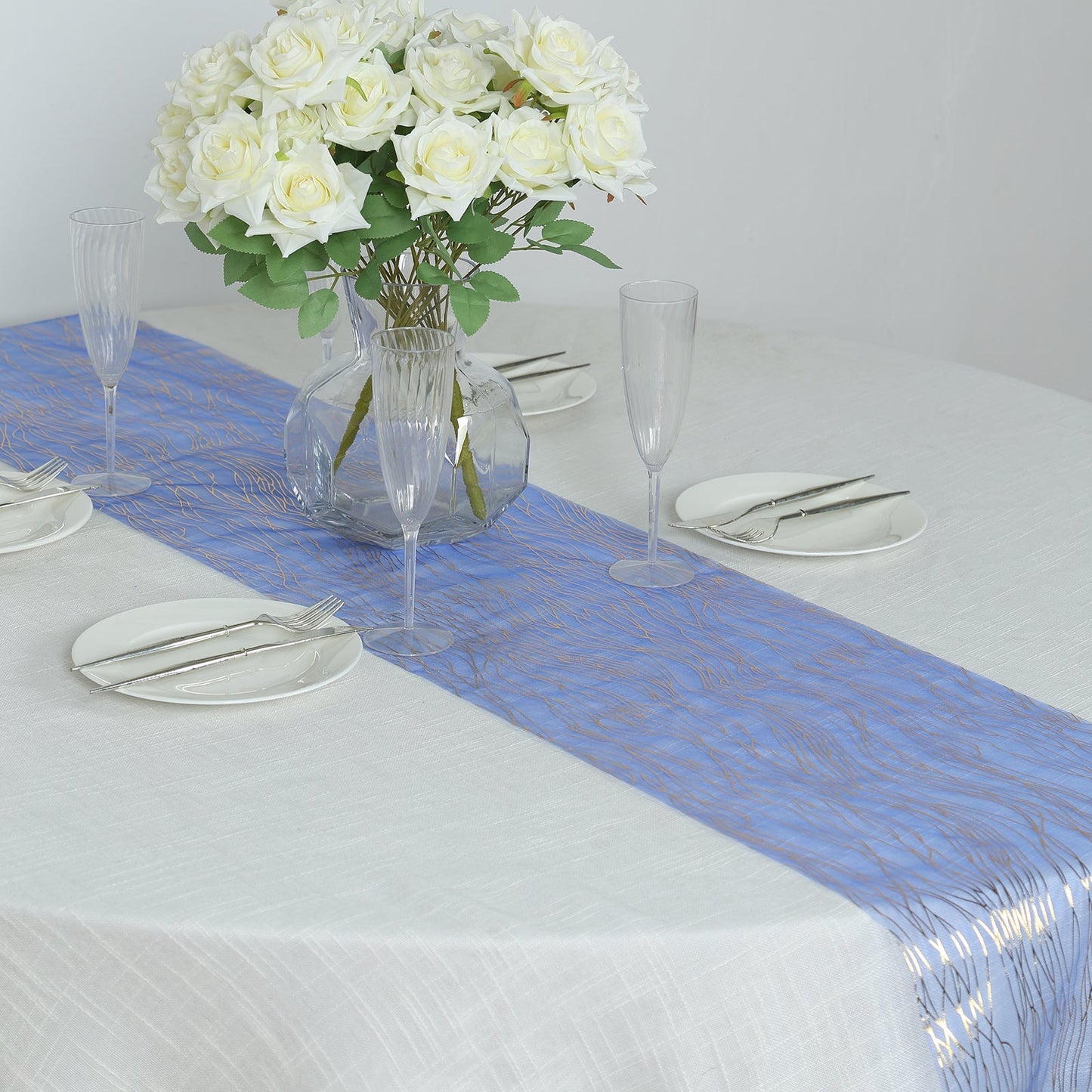 5 Pack Organza 12"x108" Table Runners Royal Blue - Gold Wave Design