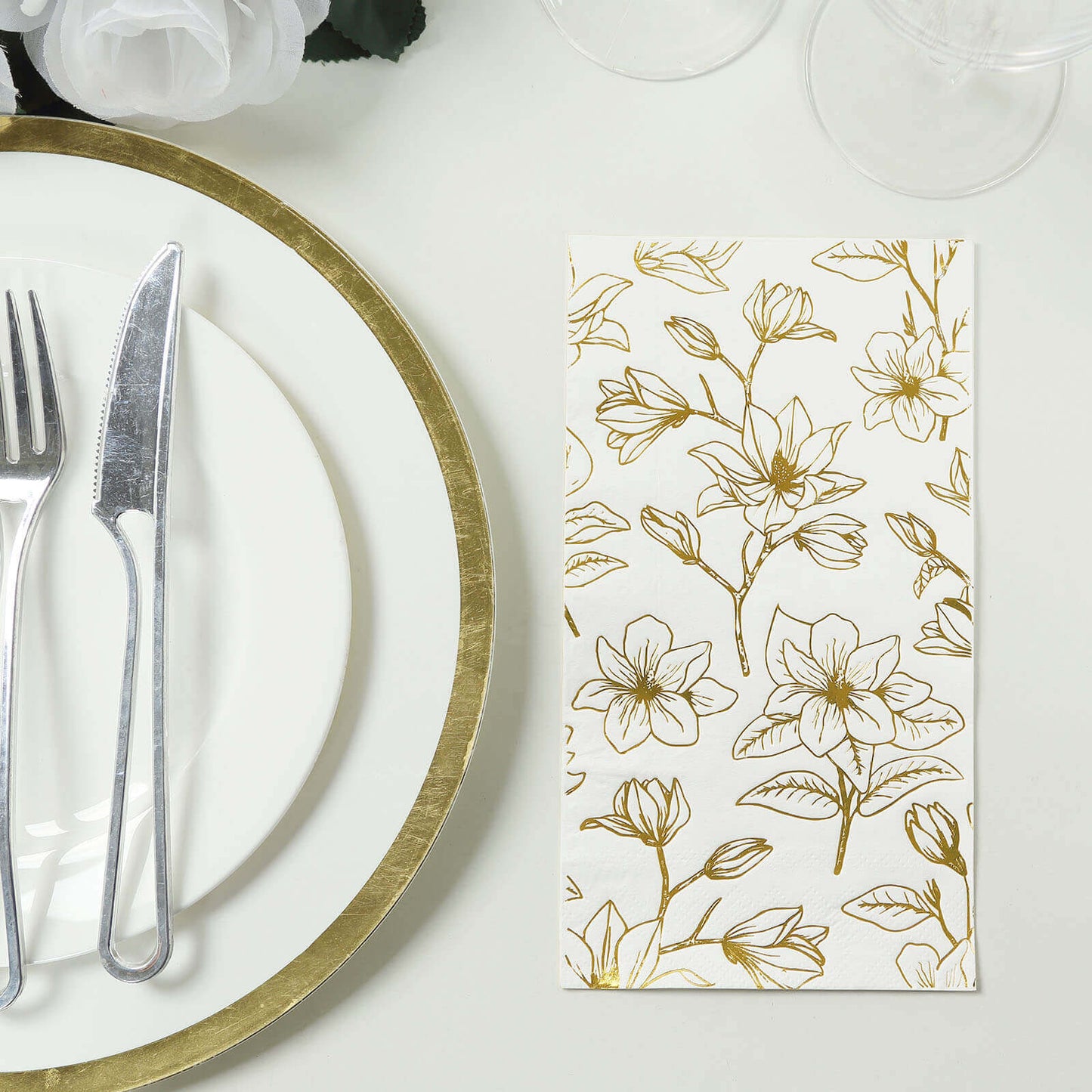 50-Pack Paper Dinner Napkins White with Gold Magnolia Flowers Print 2-Ply - Disposable Soft Napkins for Parties