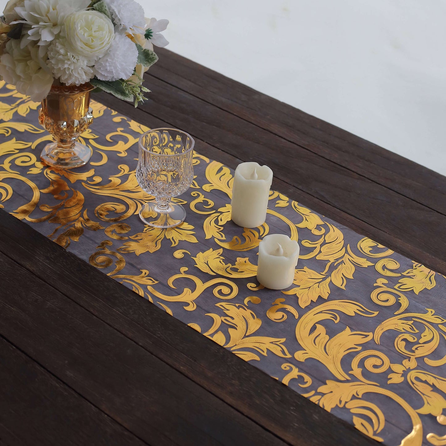 Sheer Organza 12"x108" Table Runner Roll Metallic Gold Foil Floral Swirl Design - Disposable Stylish Event Decoration