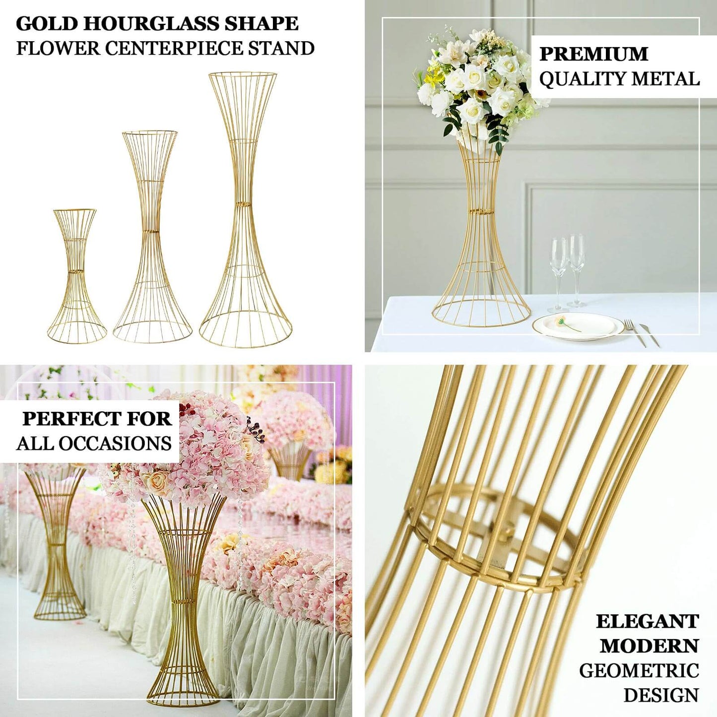 36" Tall Gold Metal Wire Hourglass Flower Frame Stand, Open Frame Reversible Trumpet Centerpiece Stand
