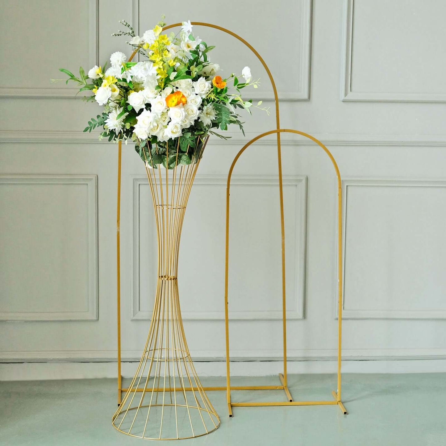 48" Tall Gold Metal Wire Hourglass Flower Frame Stand, Open Frame Reversible Trumpet Centerpiece Stand