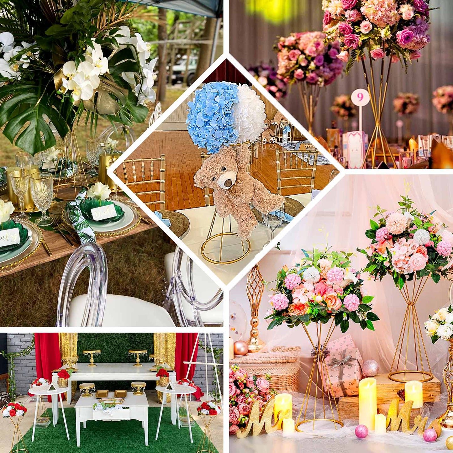 Dual Cone Reversible Flower Stand Gold Metal Geometric Pedestal - Wedding Centerpiece 27"