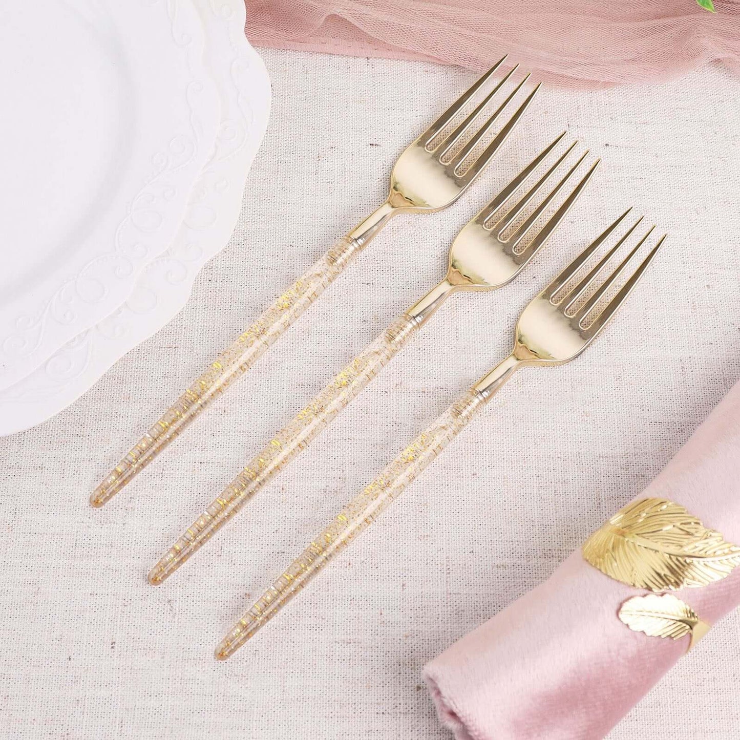 24-Pack Plastic Forks with Gold Glitter - Disposable Silverware Cutlery for Events