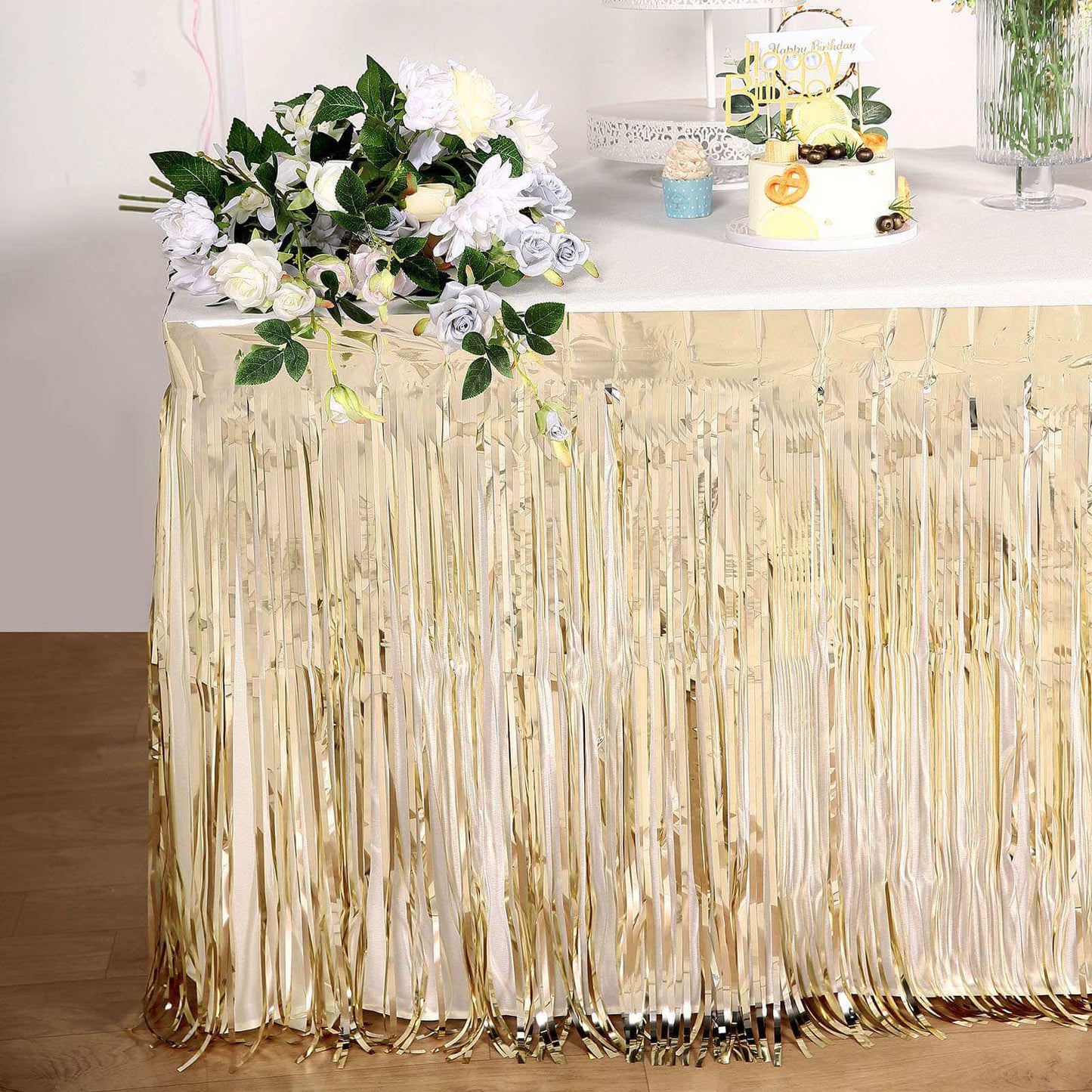 Metallic Foil Fringe Table Skirt Champagne with Self Adhesive Backing - Durable Tinsel Skirt for Parties 30"x9ft