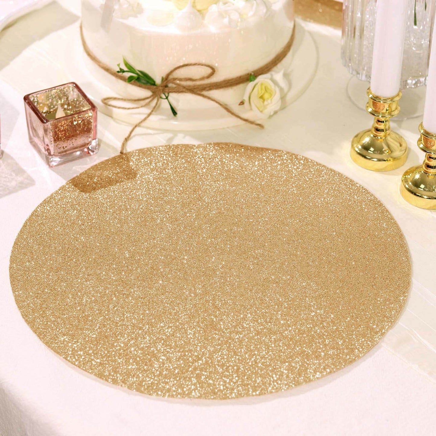 6-Pack Placemats Glitter Design Champagne Sparkle Round - Non-Slip Decorative Dining Table Mats 13"