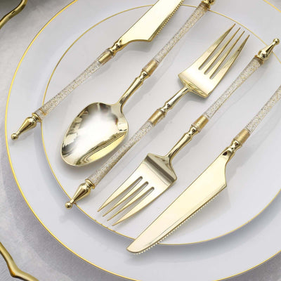 24-Pack Plastic Utensil Set with Roman Column Handle Gold/Clear - Glittered Disposable Silverware