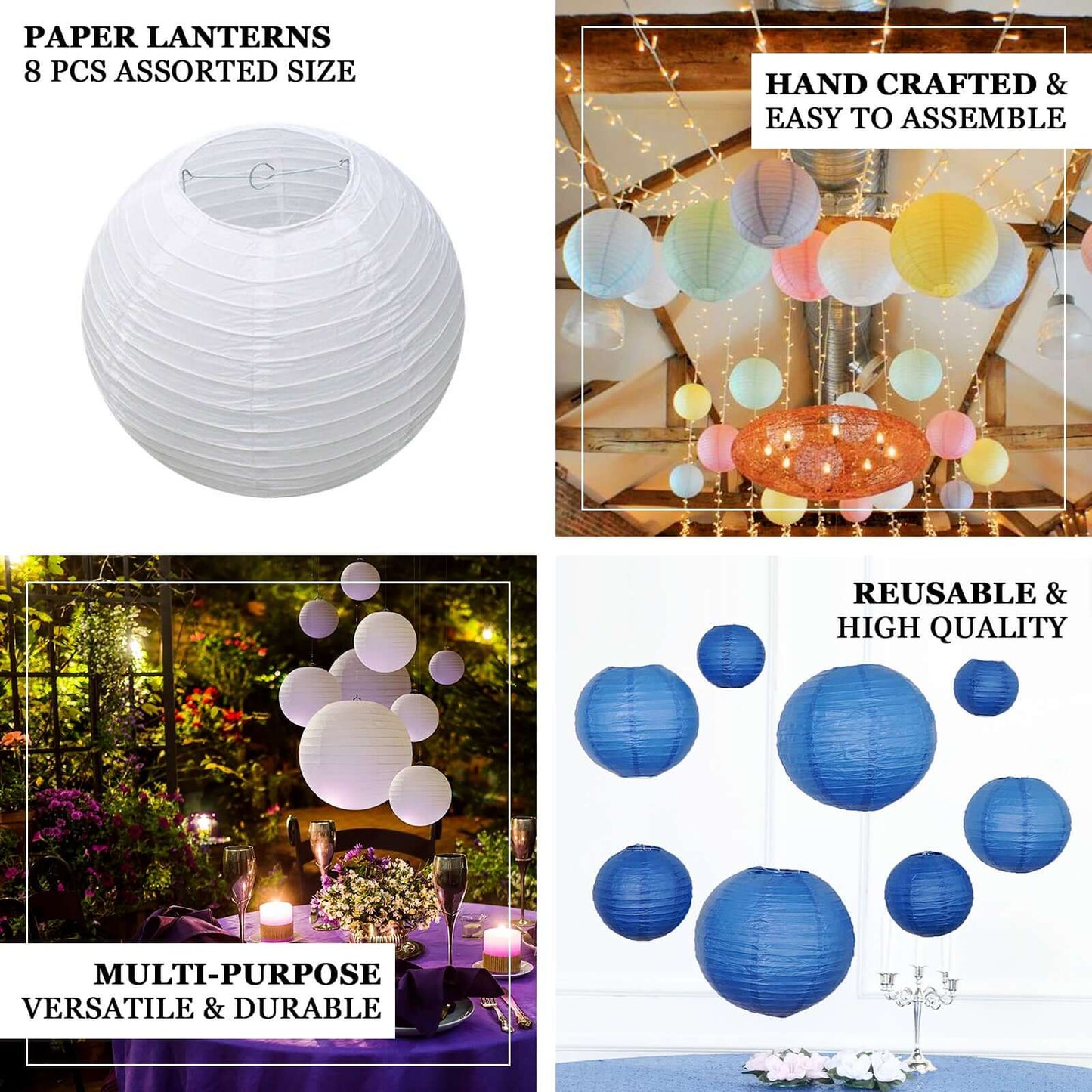 Set of 8 Gold Hanging Paper Lanterns, Decorative Round Chinese Sky Lanterns, Assorted Sizes  - 6",8",10",14"