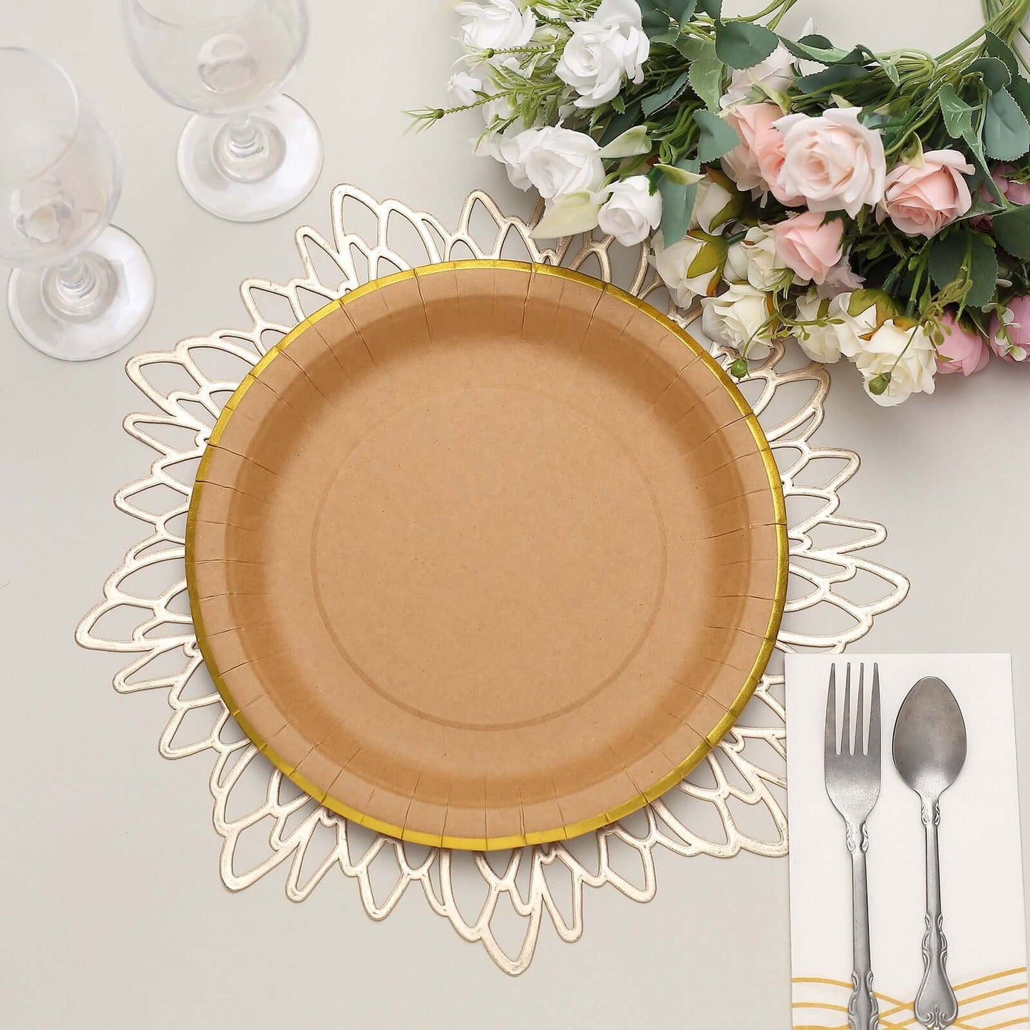 25-Pack Kraft Paper 10" Round Dinner Plates in Natural Brown with Gold Lined Rim - Disposable Party Plates for Rustic & Vintage Inspired Events