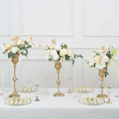 Set of 3 Trumpet Flower Vase Centerpieces Metallic Gold - Vintage Style Flute Table Decorative Stands 13", 16", 19"